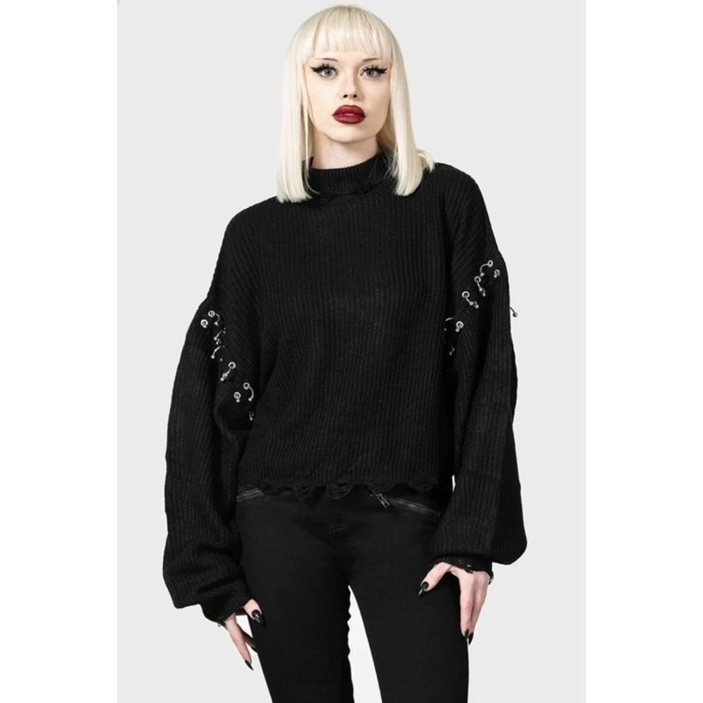 Killstar Rook Black  Knit Sweater Distressed Pierced Oversized